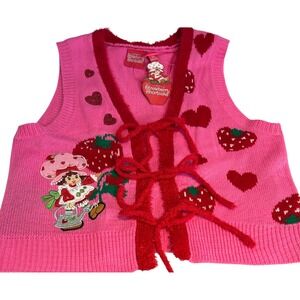 Strawberry Shortcake Pink Knit Sweater Vest Tie Front Hearts Red Trim NWT Medium